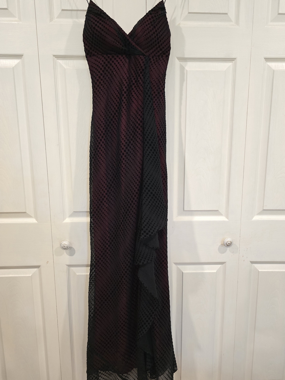 Spaghetti-Strap Red Ball Gown With Black, Sparkling Overlay